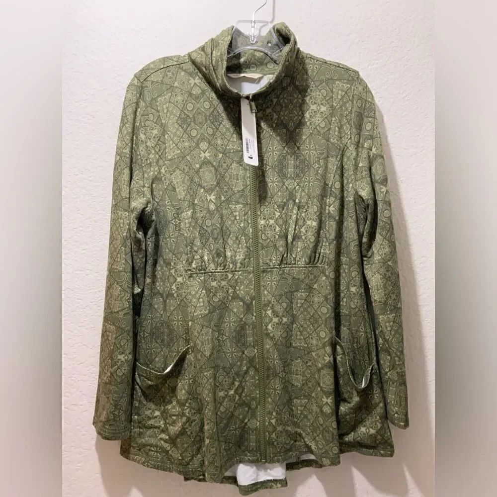 Soft Surroundings Full Zip Cardigan Jacket Green Smocked Waist Flattering medium